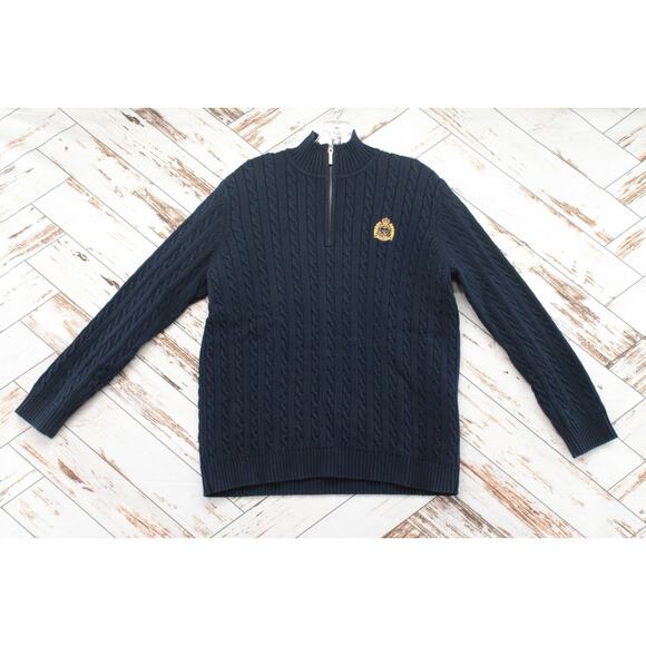Lauren Ralph Lauren Sweaters - VTG Lauren Ralph Lauren Sweater Women's Large Blue Crest Logo 1/4 Zip Cable Knit